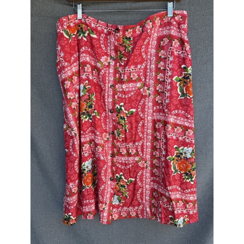 LC Lauren Conrad 2X Floral Button‎ Front A-Line Midi Skirt Dk Pink Linen Pockets
